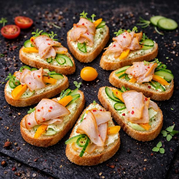 Брускетты на багете "Копчёная курочка" Брускетты на багете "Копчёная курочка"