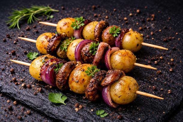 Постные шашлычки из картофеля с луком и грибами