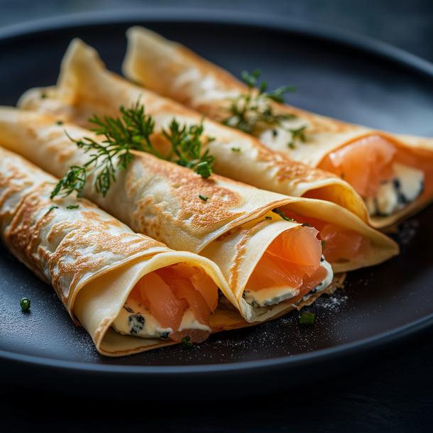 Блинчики с лососем, чиз-кремом, зеленью и томатами конкассе