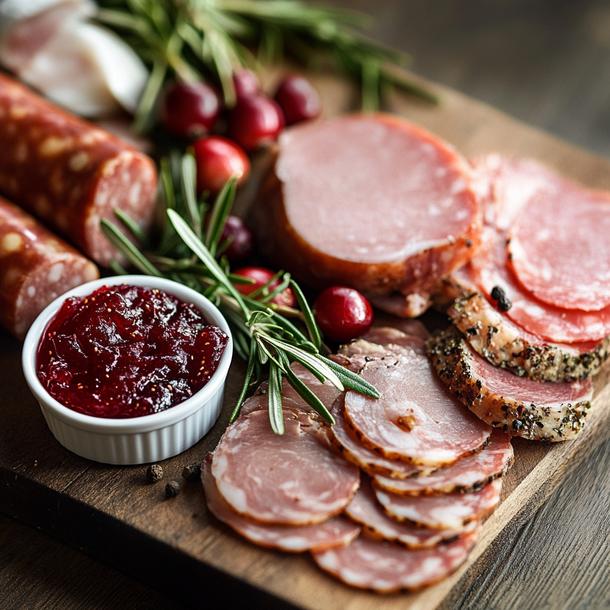 Мясное деликатесное плато с клюквенным конфи (томленая буженина, сыровяленый окорок, колбасы твёрдого копчения)